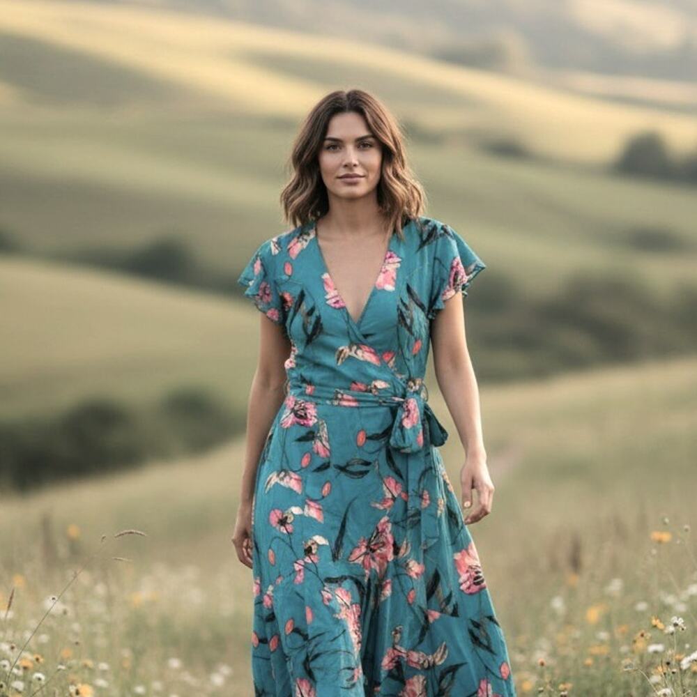 A New Day Dress Womens XXL Green Floral Wrap Fit Flare Midi Belted V Neck